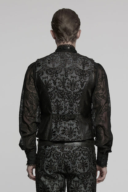 Black V Collar Long Sleeves Embroidery Gothic Vest