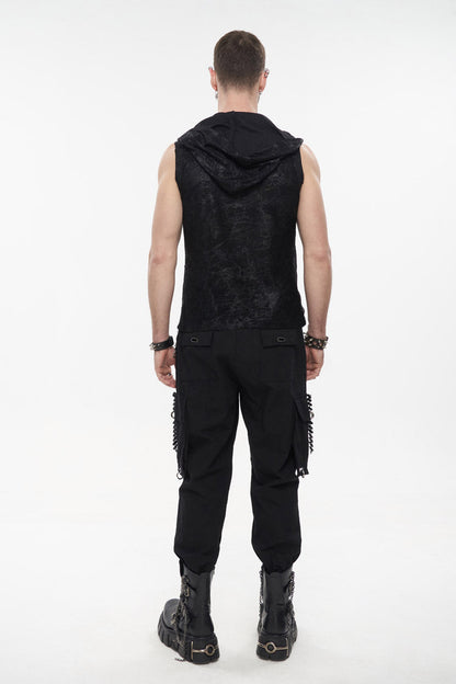 Black Skull Hollowed Out Print Stitched Sleeveless Chain Hoodie Punk Shirt
