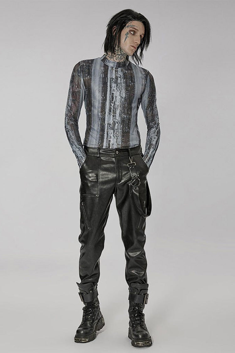 Black/grey Punk High Collar Technology Sense Printing Elasticity Tight Long Sleeves Shirt