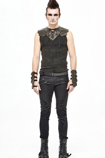 Brown Lace Up Striped Shoulder Armor Shape Chest Knitting Punk Vest