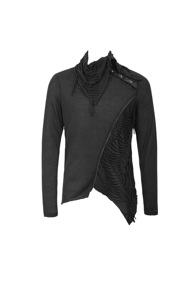 Black Ragged Turn-down Collar Woolen Long Sleeve Irregular Hem Punk T-shirt