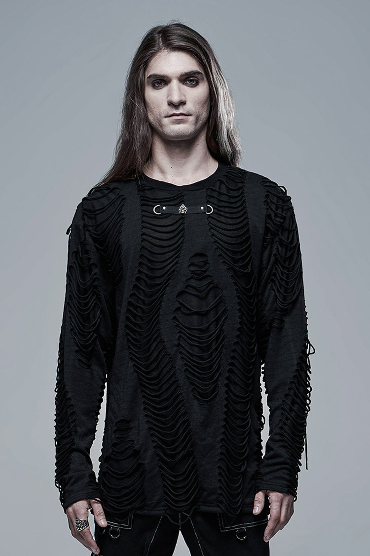 Black Round Collar Long Sleeves Double-layered Ripped Gothic Blouse