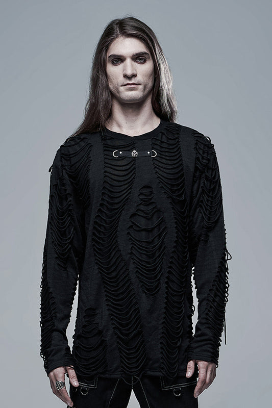Black Round Collar Long Sleeves Double-layered Ripped Gothic Blouse