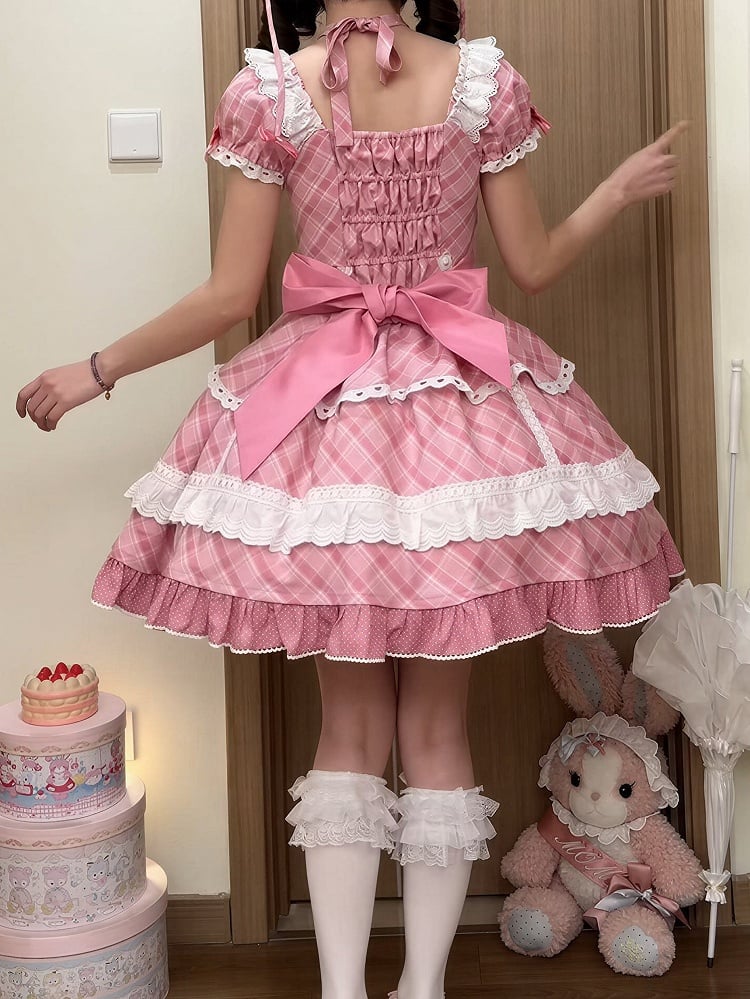 [pre-order Deadline: May 10] Blue/yellow/pink Sweetheart Lolita Ribbon Puff Sleeve Tiered Dress + Bunny Ear Full Set + Cat Ear Full Set