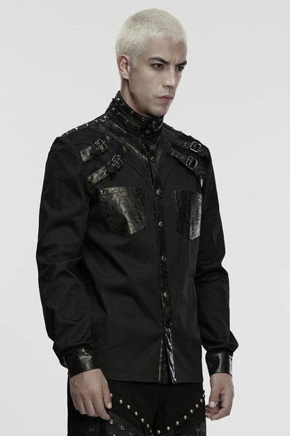 Black Stand Collar Long Sleeves Rivet Buckle Straps Eyelet Punk Blouse