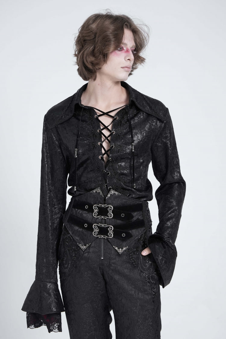 Black Long Trumpet Sleeves Lace-up Gothic Swallow-tailed Blouse