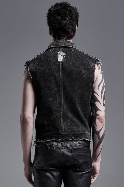 Black Rivets Lapel Collar Sleeveless Steampunk Denim Vest