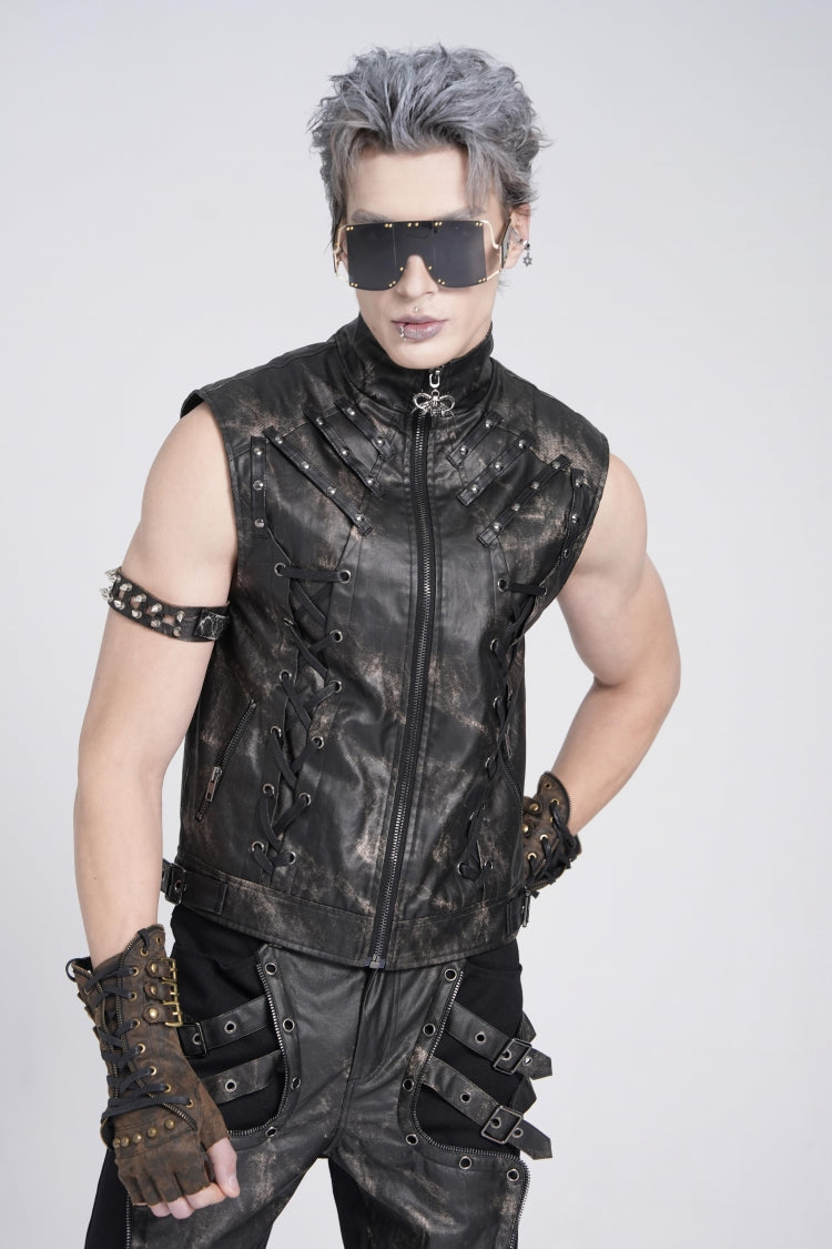 Black Stand Collar Sleeveless Strappy Stitching Zipper Gothic Vest