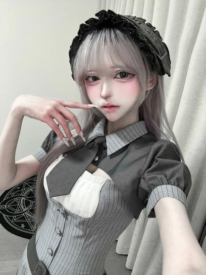 [pre-order Deadline: April 15] Gray Pinstripe Tie Collar Short Jacket Dress Full Set + Jewel Casquette