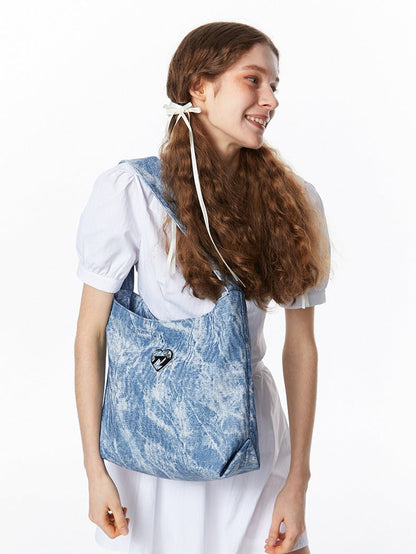 Sweet Cool Denim Print Soft Leather Shoulder Bag