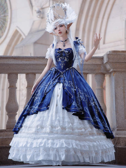 [pre-order Deadline: May 3] Dark Blue White Corset Lace Ribbon Lolita Jsk Princess Dress + Complete Set