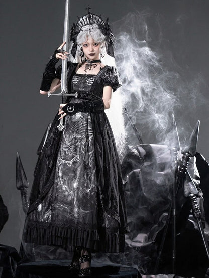 [pre-order Deadline: June 8] Phantom Knight Dark Gothic Square Neck Layered Dress (with Choker & Waist Belt)