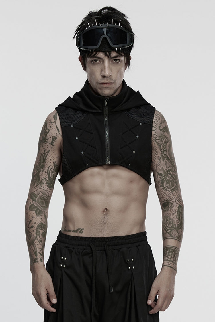 Black Stand Collar Sleeveless Hooded Zippered Punk Vest