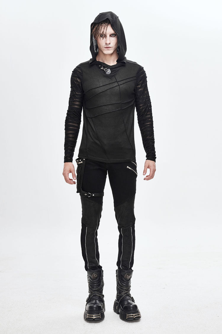 Black Collar Metal Button Irregular Striped Patchwork Bandage Hooded Punk T-shirt