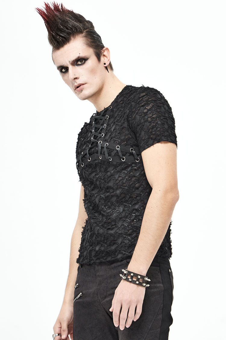 Black Broken Holes Thick Stripes Chest Lace-up Knit Short Sleeve Punk T-shirt