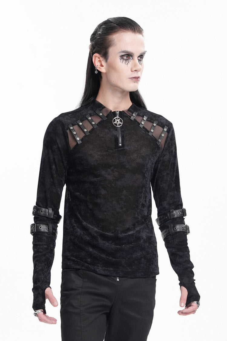 Black Round Collar Long Sleeves Buckle Star Studs Gothic T-shirt