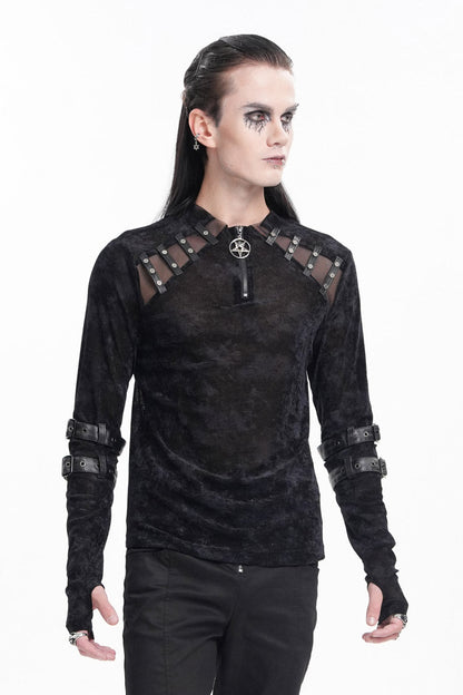Black Round Collar Long Sleeves Buckle Star Studs Gothic T-shirt