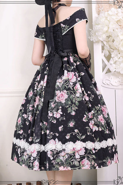 Black French Rose Print V Collar Sleeveless Ruffled Classic Lolita Jsk Dress