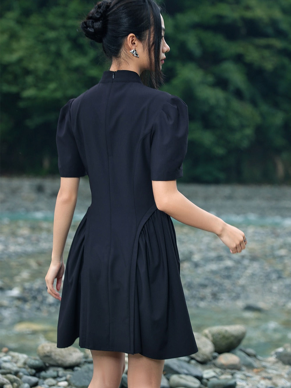 Jacquard Retro Puff Sleeve Chinese-style Dress