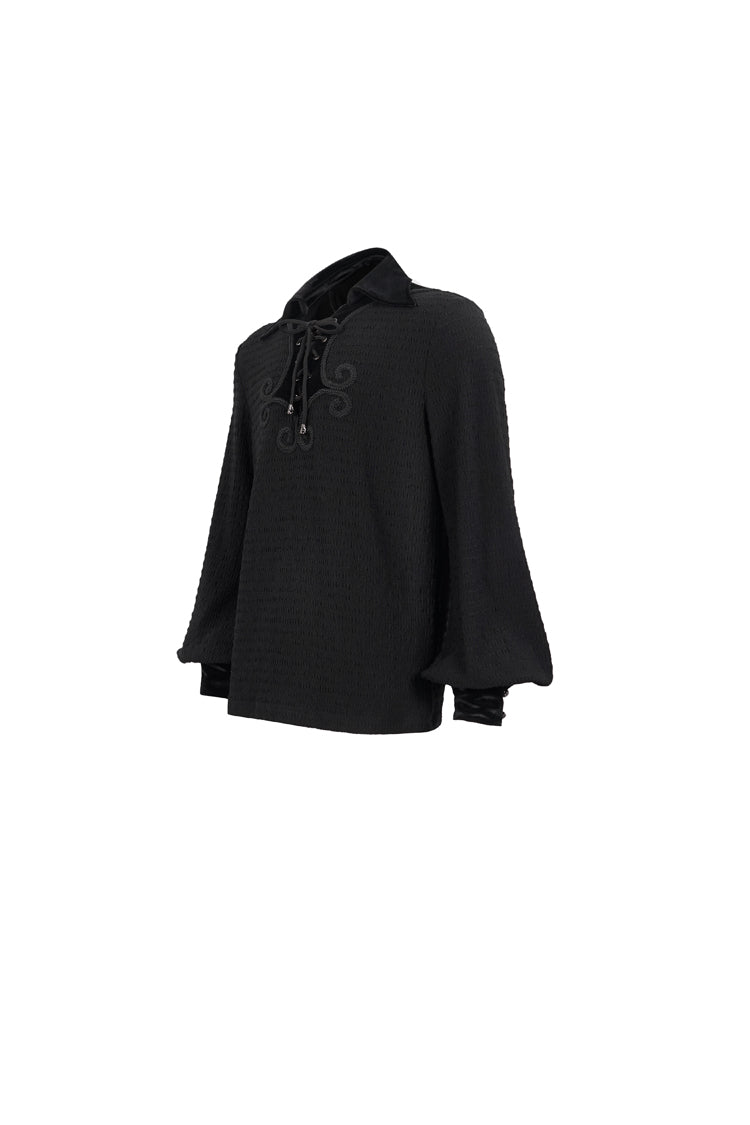 Black Embroidered Chest With Drawstring Strappy Puff Sleeved Gothic Shirt