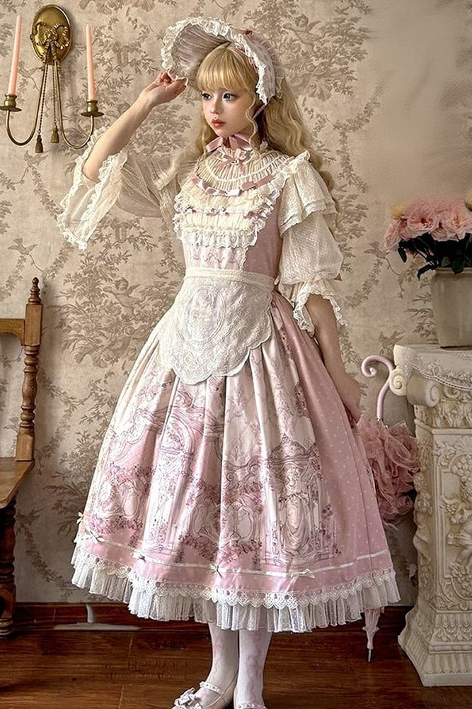 [pre-order Deadline: April 26] Rococo Lace Pink Classic Lolita Dress + Apron + Bonnet