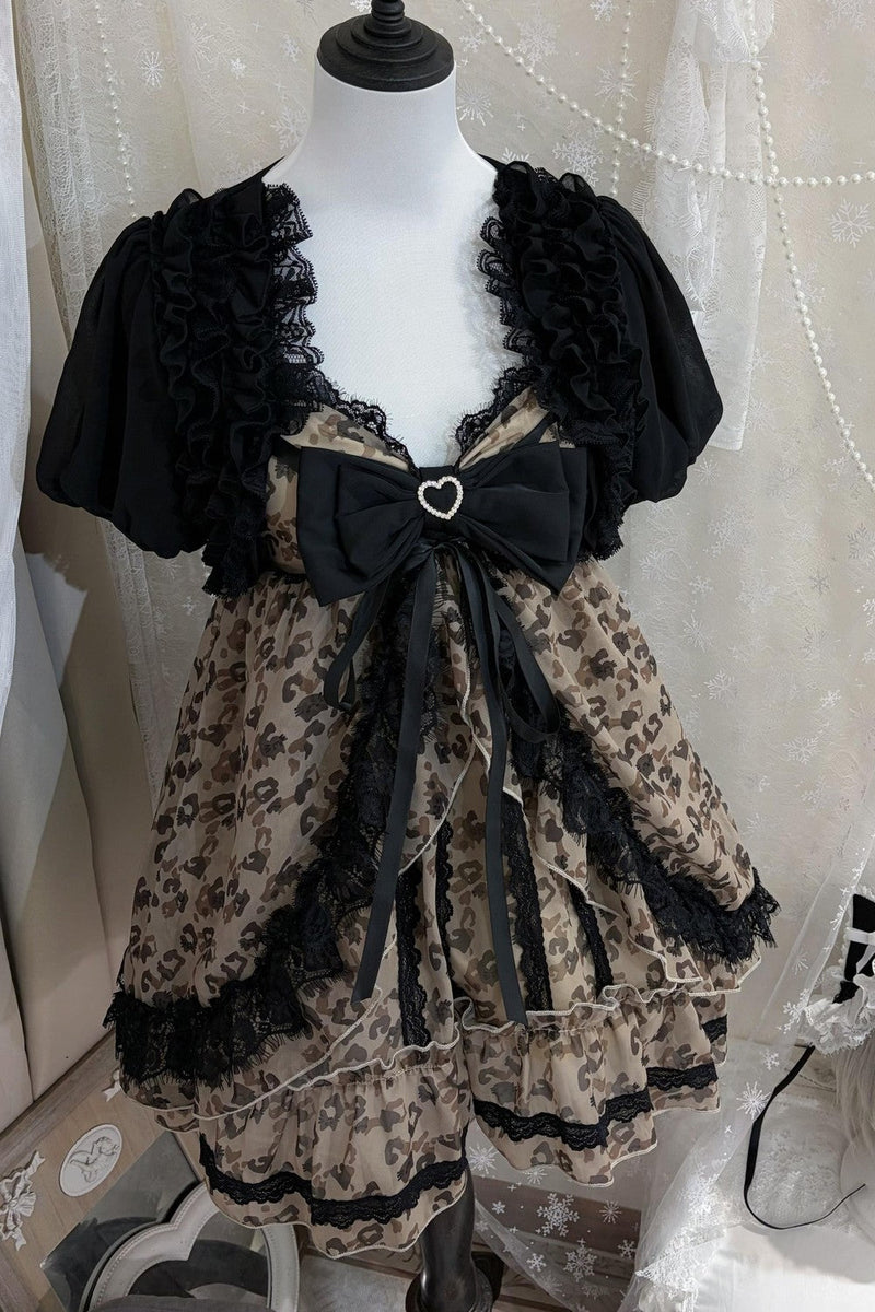 Leopard Ribbon Jewel Lace Camisole Top + Outerwear