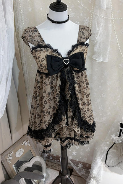 Leopard Ribbon Jewel Lace Camisole Top + Outerwear