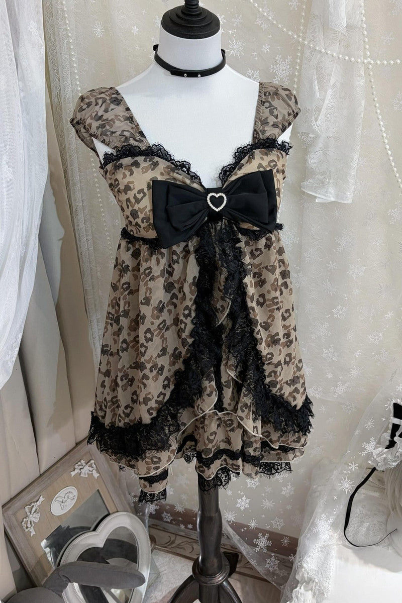 Leopard Ribbon Jewel Lace Camisole Top + Outerwear