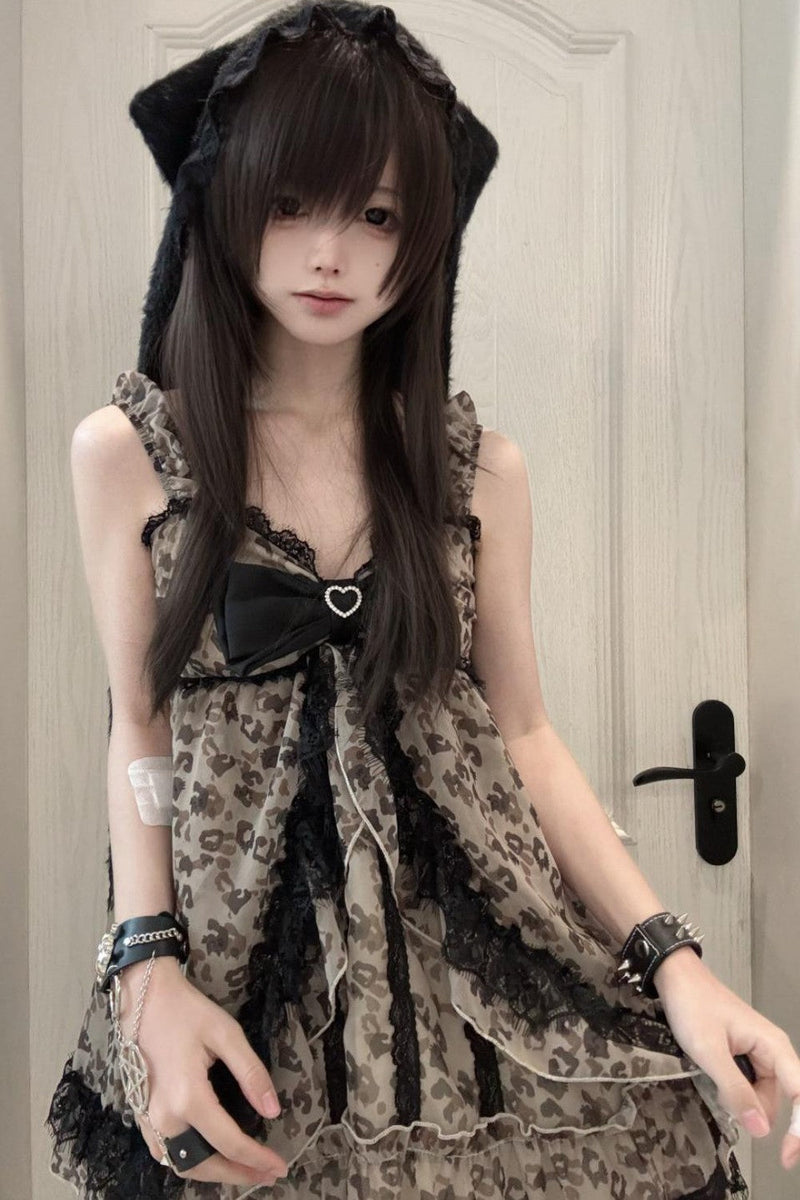 Leopard Ribbon Jewel Lace Camisole Top + Outerwear