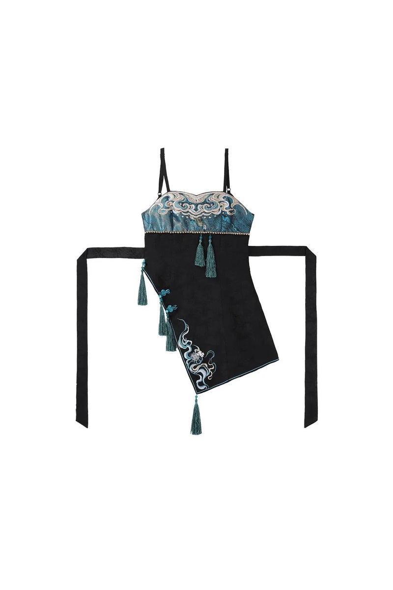 Cyberpunk Chinese-style Lolita Top + Strapped Dress + Skirt + Leg Covers