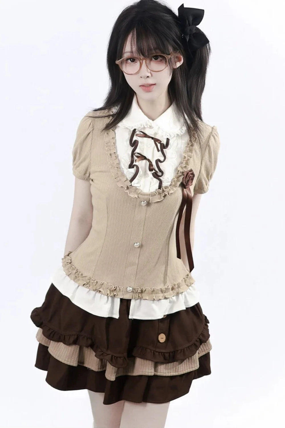 Rose Brown Lace Knit Top + Skirt