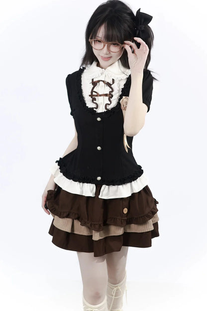 Rose Brown Lace Knit Top + Skirt