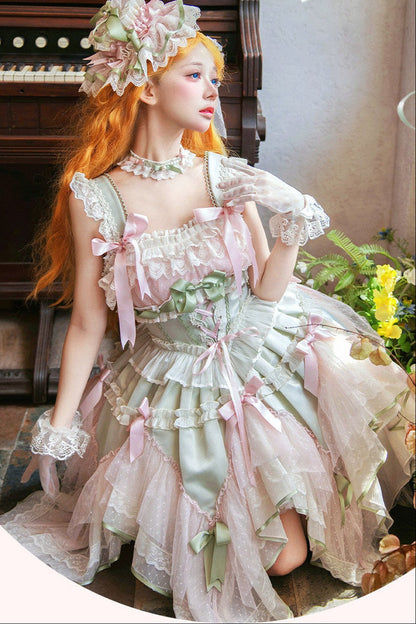 [pre-order Deadline: May 8] Pink X Green/blue X Yellow Fairy Princess Lolita Tulle Lace Bow Layered Dress