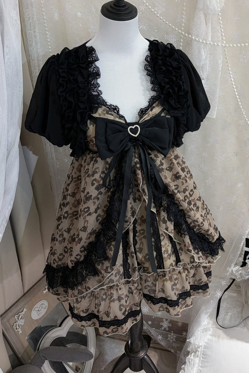 Leopard Ribbon Jewel Lace Camisole Top + Outerwear