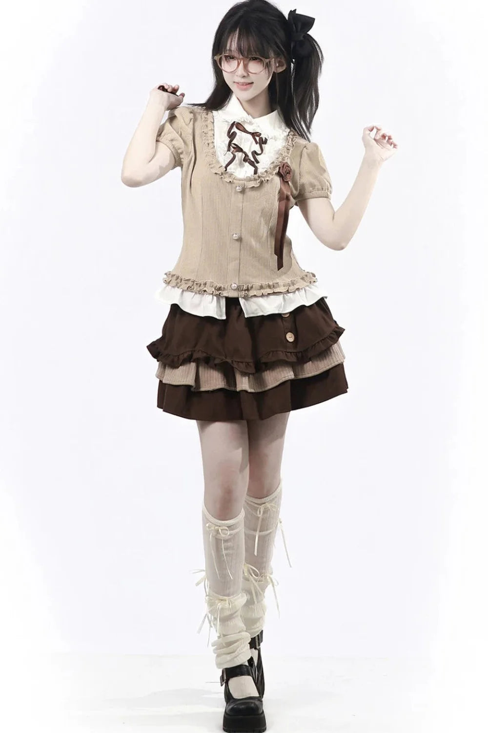 Rose Brown Lace Knit Top + Skirt