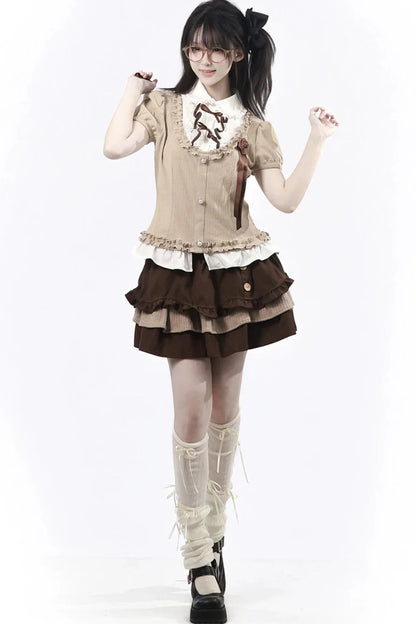 Rose Brown Lace Knit Top + Skirt