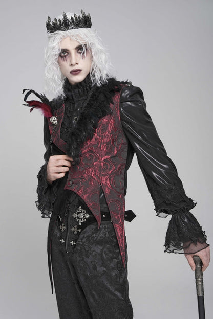 Black Long Sleeves Rose Print Irregular Contrast Color Gothic Vest With Detachable Feather Accessory