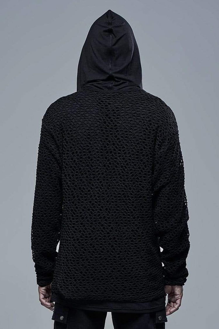 Black Knit Outer Mesh Long Sleeve Inner Hooded Simple Two Piece Punk T-shirt