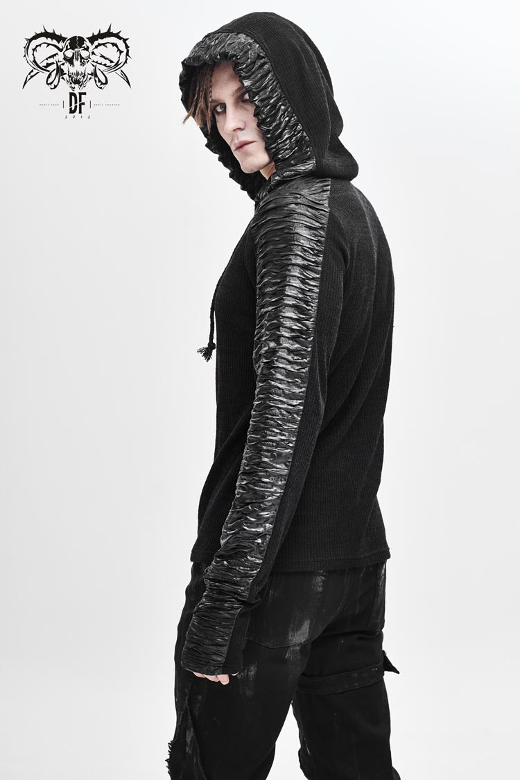 Black Chest Lace Up Vertical Stripes Woolen Splice Bright Crimped Fabric Hooded Punk T-shirt