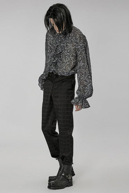 Gray Punk Chiffon Ruffle Stand Collar Wide Brimmed Lantern Sleeves Retro Relief Sculpture Embossing Shirt