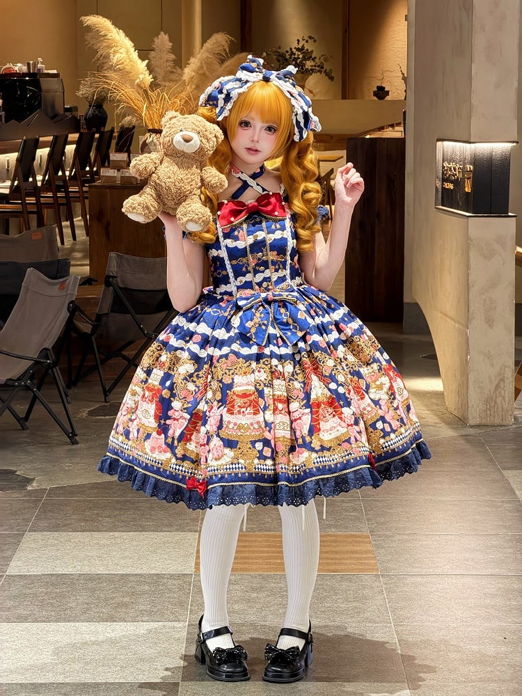 [pre-order Deadline: April 26] Retro Romance Sweet Lolita Ribbon Cake Print Halter Neck Dress