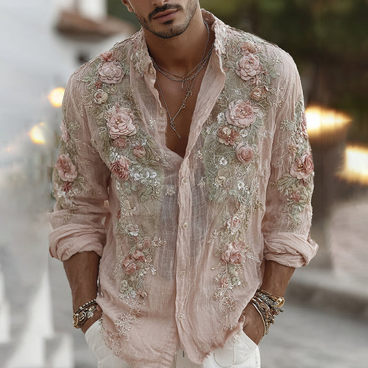 Men's Vintage Pink Gradient Floral Embroidered Comfy Linen Shirt elevenforest