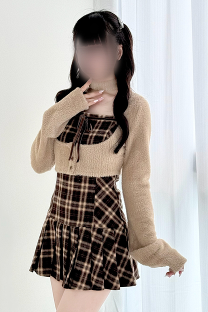 Checked Flared Dress + Short Cardigan