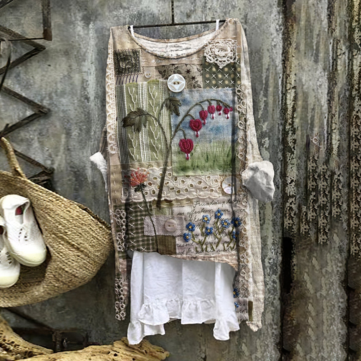 Vintage Flora Lace Embroidery Art Linen Blend Blouse elevenforest