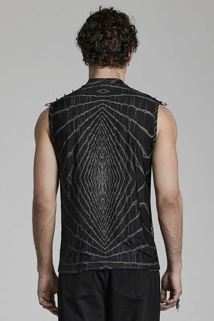 Halo Print Sleeveless Stitching Mesh Rivets Steampunk T-shirt 2 Colors