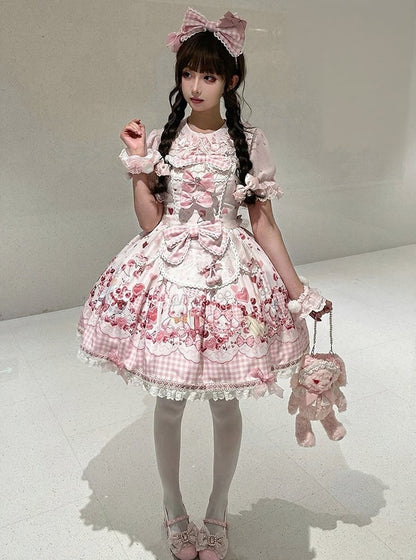 [pre-order Deadline: May 5] Pink Cherry Print Lace Ribbon Bunny Ear Apron Jsk Dress + Accessories