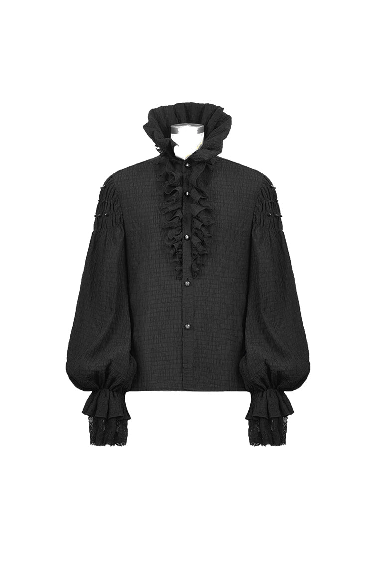 Black High Collar Chiffon Chest Frilly Beading Long Sleeve Lace Cuff Gothic Shirt