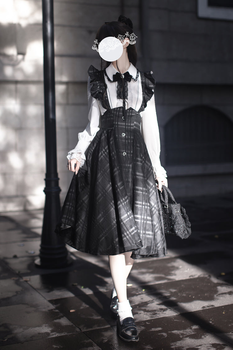 Black Plaid Print Classic College Style Lolita Strap Dress