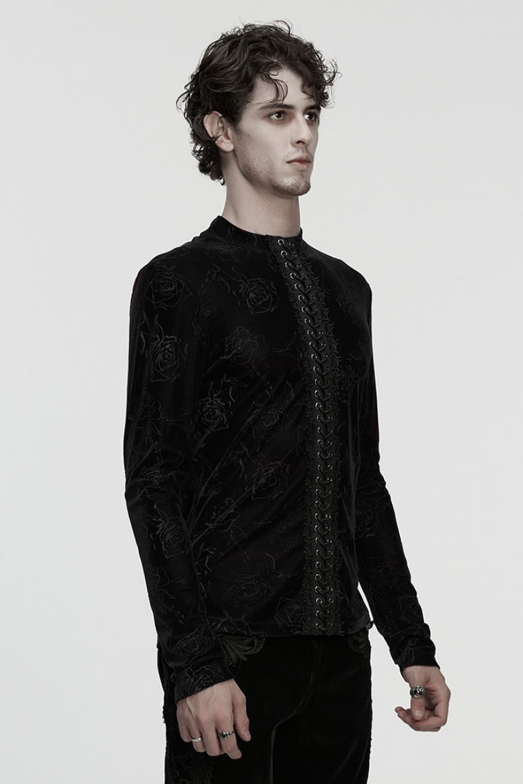 Black Stand Collar Long Sleeves Rose Embossed Lace-up Zippered Gothic Top