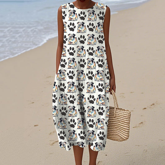 Women's Retro English Bulldog Puppy Footprints Art Linen Tank Midi Dress elevenforest